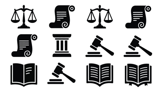 Collection of black silhouette icons representing justice law and legal concepts including scales of justice gavel scrolls and open books isolated on white background for modern