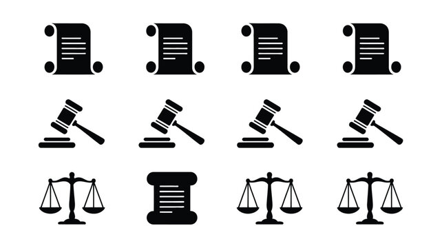 Collection of minimalist black vector icons representing law and justice scrolls of parchment wooden gavels and balanced scales of justice symbolizing legal concepts court