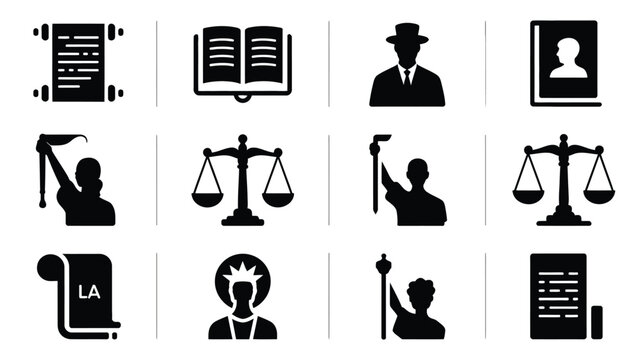 Collection of black silhouette icons representing justice law government and civic concepts on a white background featuring scales of justice open books scrolls and figures