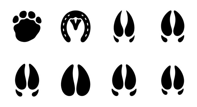 Animal Footprints and Hoof Prints Vector Icons Set, Wildlife Tracks Collection, Paw Print, Horseshoe, Deer, Pig, Goat, Wild Animal Traces for Nature and Outdoor Graphics