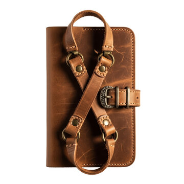 Brown leather case with suspender straps and buckle