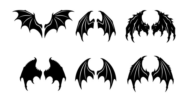 Set of 6 Black Gothic Bat Wings, Devil Wings Vector Icons, Fantasy Creature Emblems, Dark Angel Illustrations for Design Projects