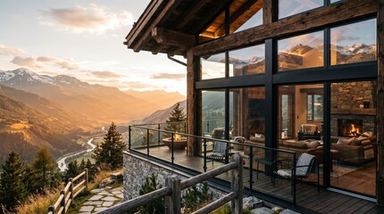 Fototapeta premium Luxurious mountain lodge with stunning sunset views, offering a serene and upscale retreat amidst breathtaking natural beauty