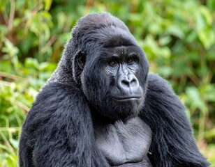 Obraz premium Portrait of a majestic primate with a silverback, gazing attentively with dark eyes. Thick, dark fur contrasts with green foliage