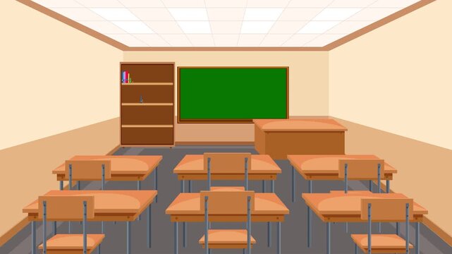 Animation of empty classroom filling with furniture and decorations over time.