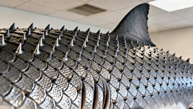 Macro View of Rough Biomimetic Sharkskin Texture with Overlapping Dermal Denticle Patterns in Grey Tones

