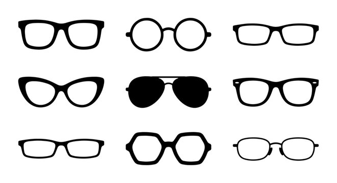 Modern Eyeglasses and Sunglasses Silhouette Icon Set with Various Frame Styles