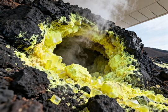 Vertical View of a Volcanic Fumarole with Bright Yellow Sulfur Crystal Deposits on Dark Basalt Rock
