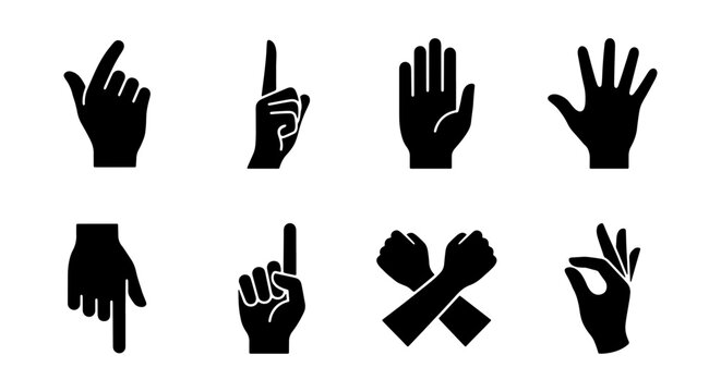 Black Silhouette Hand Signs and Finger Counting Icon Set