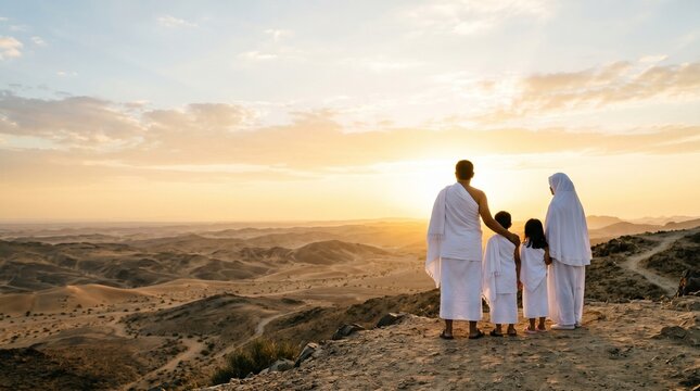 Family performing Hajj pilgrimage, wearing ihram clothing and looking at the sunrise over a desert landscape