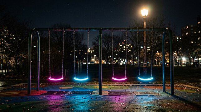 Empty playground swings with seats glowing in vibrant neon pink and blue colors hanging from metal chains lit by a solitary street lamp.