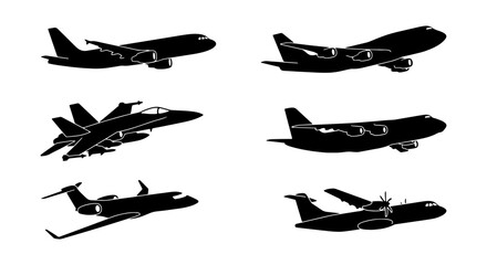 Diverse Aircraft Silhouettes Collection, Commercial Jets and Fighter Planes Vector Icons, Aviation Transport Symbols for Travel and Military Themes © Roksana