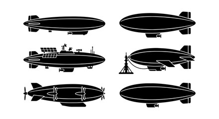 Set of six black silhouette airship vector icons, vintage dirigible and zeppelin illustrations, retro transport graphics for aviation and travel themes © Roksana