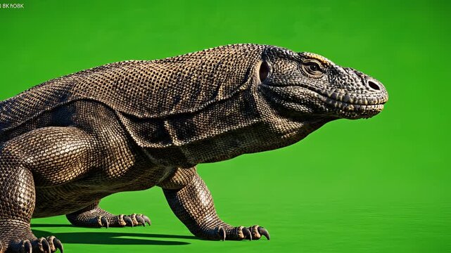 Closeup of a Komodo Dragon lizard walking on a green background.