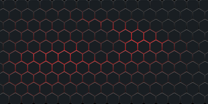Abstract dark hexagon pattern on red neon background technology style.
