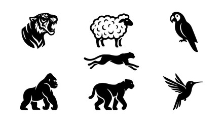 Set of 7 Black and White Animal Icons: Tiger, Sheep, Parrot, Jaguar, Gorilla, Cheetah, Hummingbird. Minimalist Wildlife Vector Graphics for Nature and Zoo Themes. © Roksana