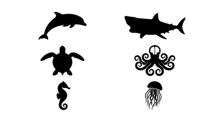 Marine Life Silhouettes: Dolphin, Shark, Turtle, Octopus, Seahorse, Jellyfish Vector Icons for Oceanography and Aquatic Themes © Roksana