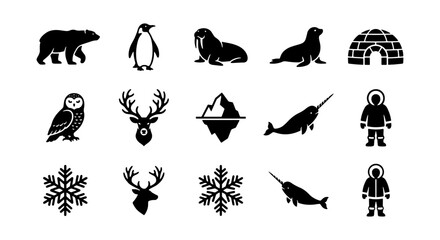 Arctic Animals and Icons Vector Set: Polar Bear, Penguin, Walrus, Seal, Narwhal, Reindeer, Owl, Igloo, Snowflake, Inuit Person © Roksana