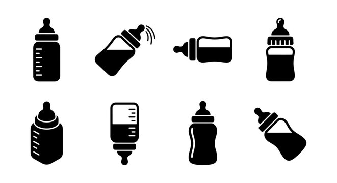 Baby Feeding Bottle Icons, Infant Milk Container Vector Set, Newborn Care Supplies Graphics, Simple Black and White Illustrations
