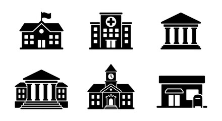 Fototapeta premium Collection of Six Black Silhouette Building Icons: Government, Hospital, Courthouse, School, Bank, and Storefront for Urban Design and Architecture Concepts