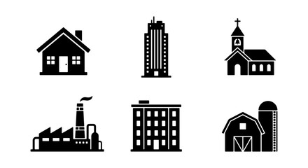 Diverse Building Icons Set: Residential House, Skyscraper, Church, Factory, Apartment Block, Barn   Vector Graphics for Architecture and City Planning © Jubayer