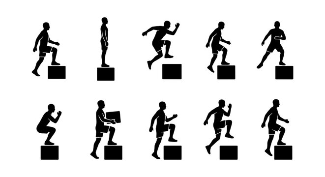 Fitness Box Jump Silhouettes, Athletic Training Icons, Cardio Workout Steps, Exercise Movement Set, Dynamic Action Poses