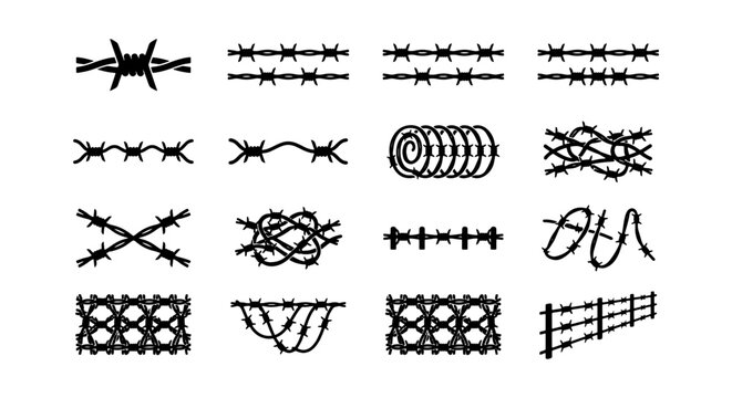 Set of Barbed Wire Silhouettes and Razor Wire Security Fence Vector Icons