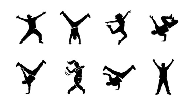 Dynamic Breakdance Silhouettes, Hip Hop Dance Poses Vector Set, Urban Street Dance Figures, Energetic Movement Icons