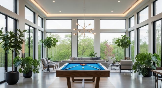 Modern Game Room with Billiards Table and Large Windows.
