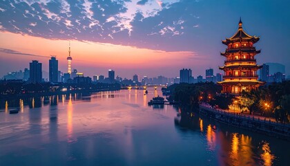 Fototapeta premium Beautiful Chinese Pagoda and City Skyline at Sunset.