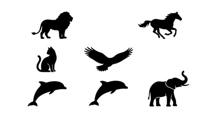 Collection of Black Animal Silhouettes including Lion Horse Elephant and Eagle Vector Icons © Roksana