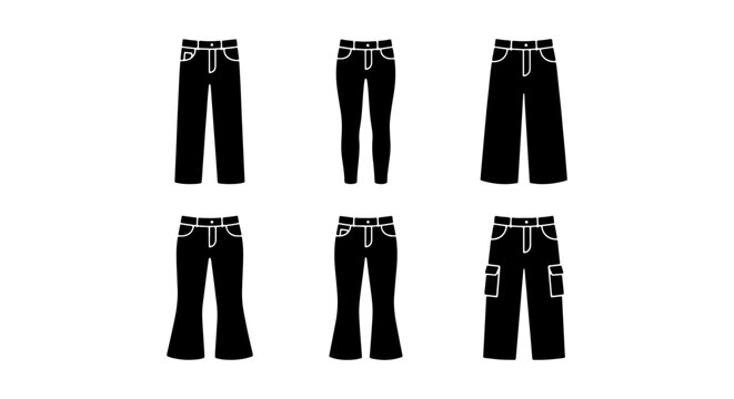 Black Denim Jeans Collection, Six Styles Vector Icons: Straight, Skinny, Wide Leg, Flare, Cargo Pants for Fashion Design and Apparel Graphics