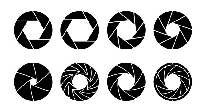 Camera Aperture Icons, Photography Diaphragm Blades Set, Abstract Circular Lens Elements, Professional Camera Equipment Graphics