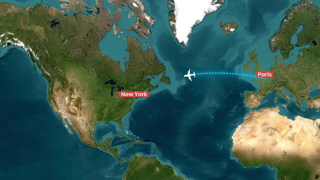 Global flight path animation of airplanes traveling between New York and Paris video
