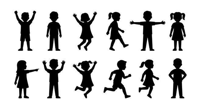 Active Children Silhouette Collection Featuring Joyful Kids Running Jumping and Playing