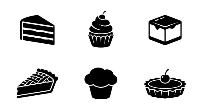 Bakery Dessert Silhouette Set with Cake Slice Cupcake Tart and Pie Icons
