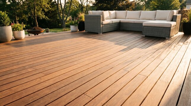 Spacious and modern wooden deck with comfortable L-shaped outdoor sectional sofa, perfect for relaxation and entertaining guests in a serene sunlit backyard setting