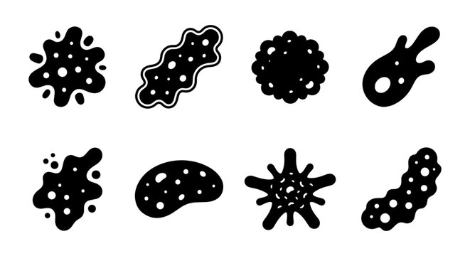 Microscopic Bacteria and Virus Silhouette Set Featuring Various Pathogen and Cell Shapes