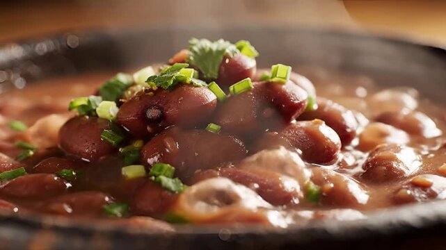 Closeup of steaming hot kidney beans garnished with fresh green onions.