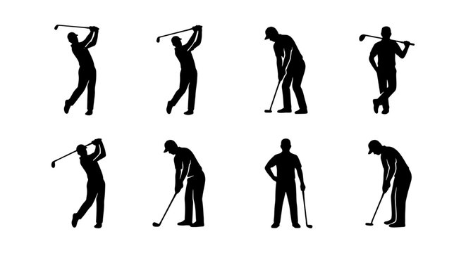 Professional Golfer Silhouette Set with Dynamic Swing Poses and Precise Putting Action