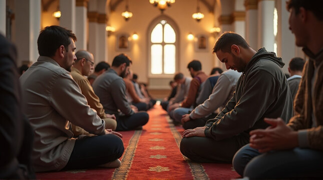 Men praying in a mosque with beautiful architecture