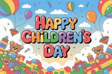 Fototapeta premium Happy Children's Day, colorful illustration, kids celebration, party balloons, cartoon teddy bears