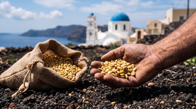 A farmer holding yellow Santorini fava beans over volcanic soil in Greece