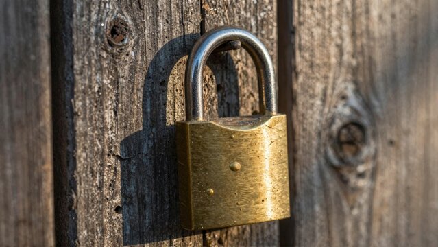 Brass Padlock on Weathered Wooden Fence for Security and Privacy