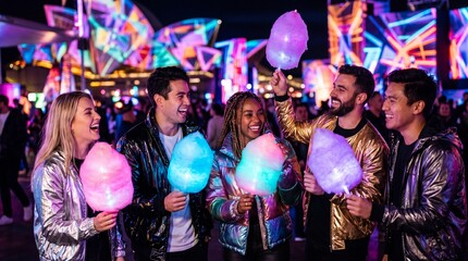 Naklejka premium Friends enjoying glowing cotton candy at Vivid Sydney neon light festival