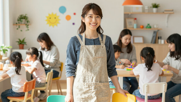 Friendly preschool teacher in apron smiling in bright classroom guiding small business daycare with children doing crafts and parents volunteering in warm playful learning environment