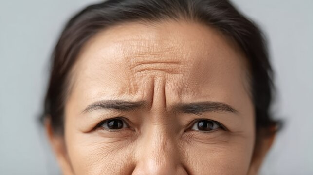 Close-Up Shot of a Woman's Face with Frown Lines and Intense Expression, Showcasing Emotion and Depth in a Centered Perspective