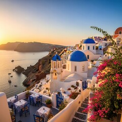Fototapeta premium Picturesque Santorini Island Village with Blue Domes at Sunset.