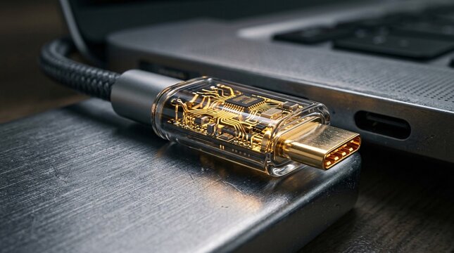 Transparent glass usb-c cable connector revealing glowing gold internal wiring and microchips resting on a sleek brushed aluminum laptop.