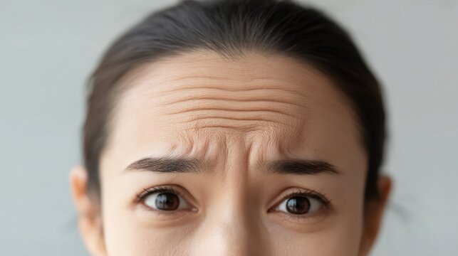 Close-Up of a Concerned Woman's Upper Face Showing Furrowed Brow and Intense Expression with Soft Lighting for Emotional Impact